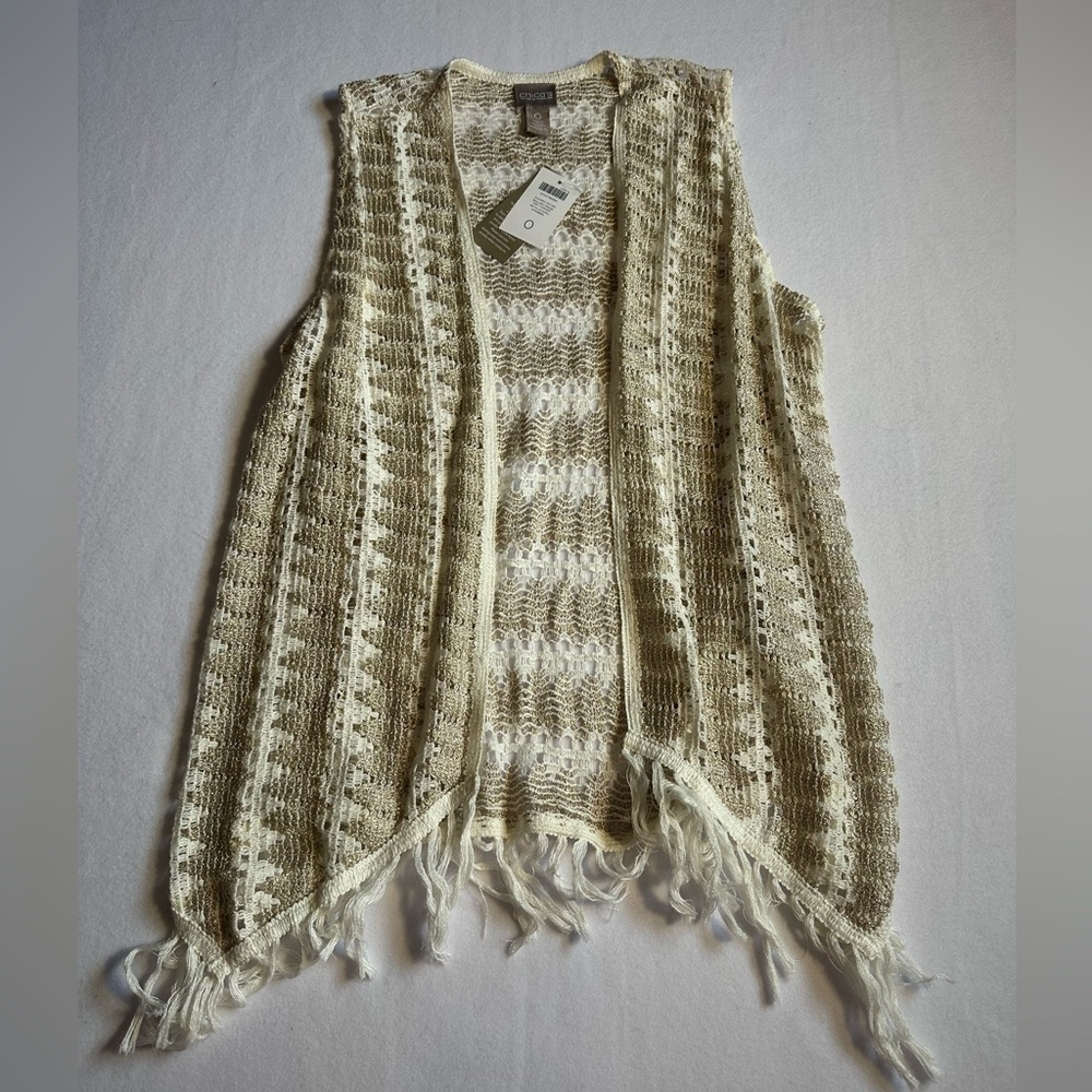 Chico’s Open Knit Fringe Vest NWT Neutral Boho Layering Cardigan Size 0 (Small)